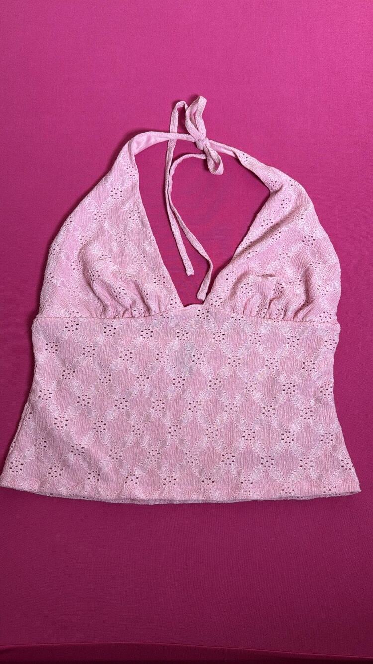Wild Fable Pink Eyelet Halter Top Size M Summer Crochet Style New